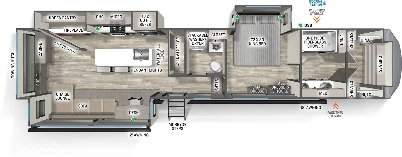 The Sierra Fifth Wheels 3900HBLR floorplan has one entry and three slide outs. Exterior features include: fiberglass exterior and 12' & 18' awning. Interiors features include: kitchen island, rear living and bathroom and a half.
